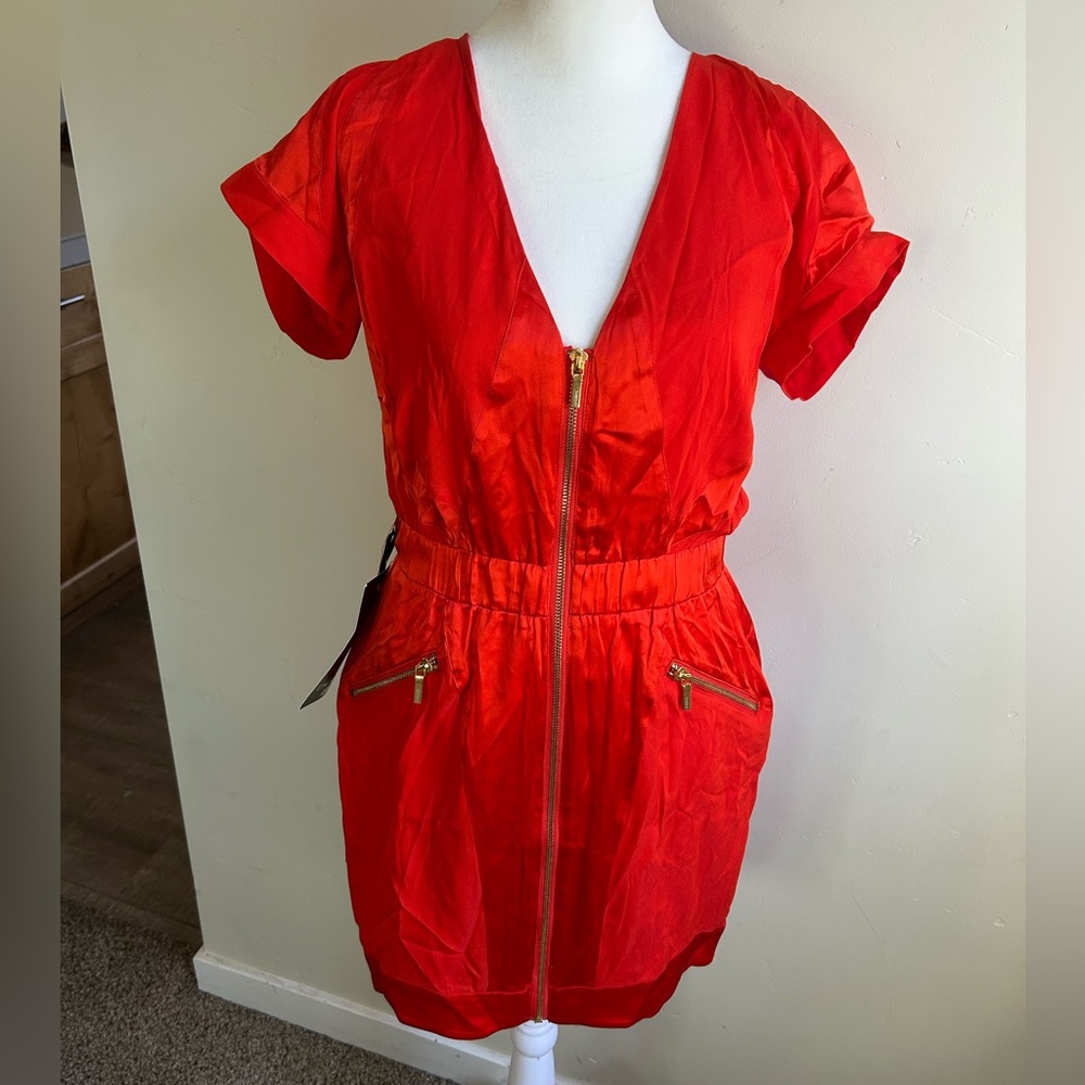 Bebe Mulberry Silk Dress Womens Small Red Zip Front V Neck Utility Mini Y2K NWT